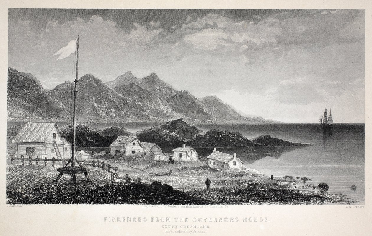 Fiskenaes من منزل الحاكم ، رسم توضيحي من "بعثة غرينيل الثانية في البحث عن السير جون فرانكلين ..." ، 1856 بواسطة 