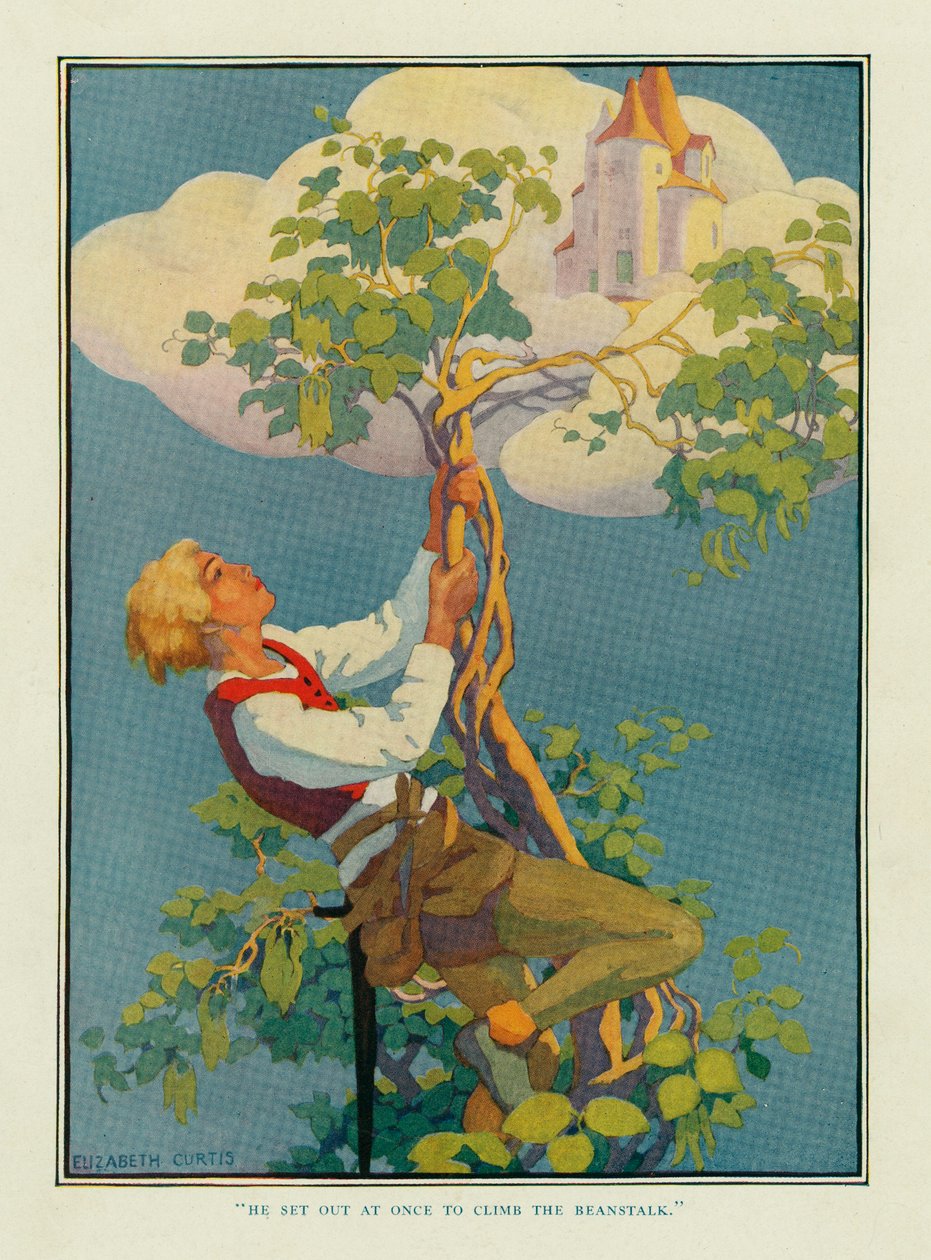 انطلق في الحال لتسلق شجرة الفاصولياء ، من Stoke's Wonder Book of Fairy Book of Fairy Book ، الحانة. 1917. بواسطة إليزابيث كيرتس.