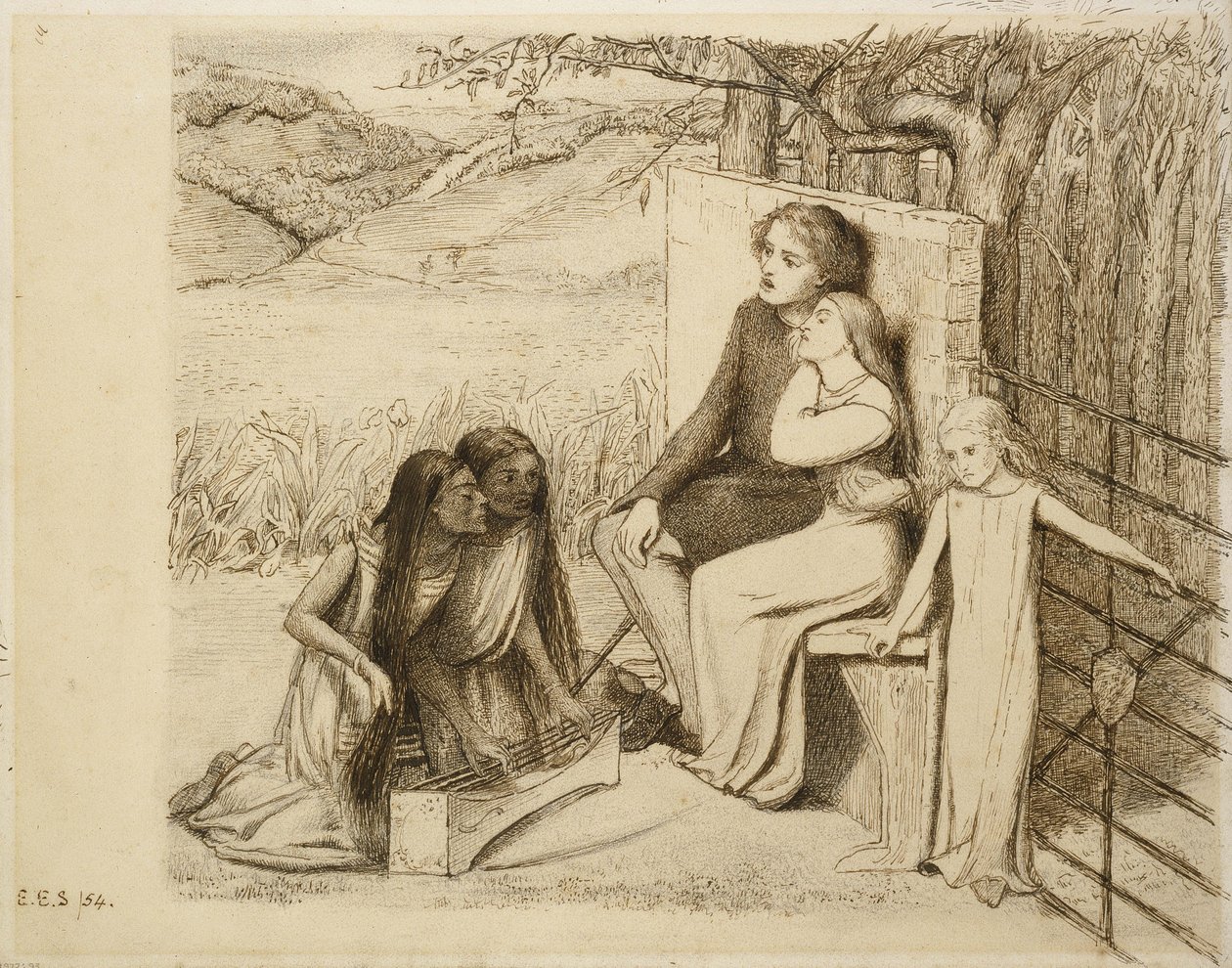 اثنين من العشاق ، 1854 (قلم وحبر بني على ورق أبيض باهت) بواسطة إليزابيث إليانور سيدال
