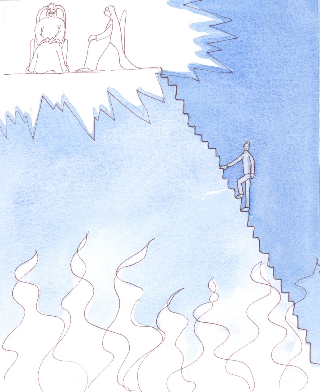 الشخص الواقع في الخطيئة المميتة الذي يرفض التخلي عن طرقه الشريرة هو في منتصف الطريق إلى أسفل الدرجات التي تؤدي إلى جهنم، 2005 (لوحة مائية على ورق) بواسطة إليزابيث وانج