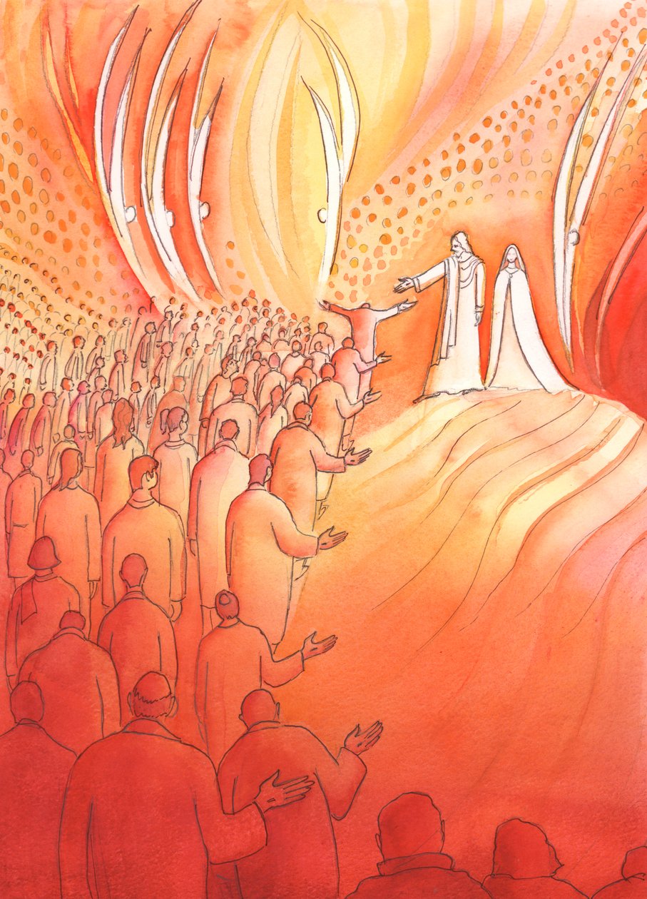 يسوع المصلوب ينتظر عند باب السماء ، مع والدته مريم والملائكة القديسين ، 2000 (ث - ج على الورق) بواسطة إليزابيث وانج