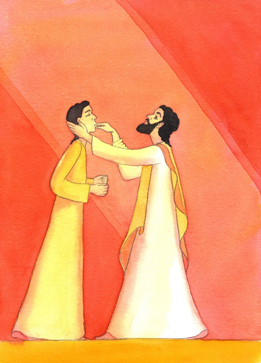 يسوع يشفي الرجل الأصم وهو يرفع عينيه نحو السماء في الصلاة ، 2001 (w - c على الورق) بواسطة إليزابيث وانج
