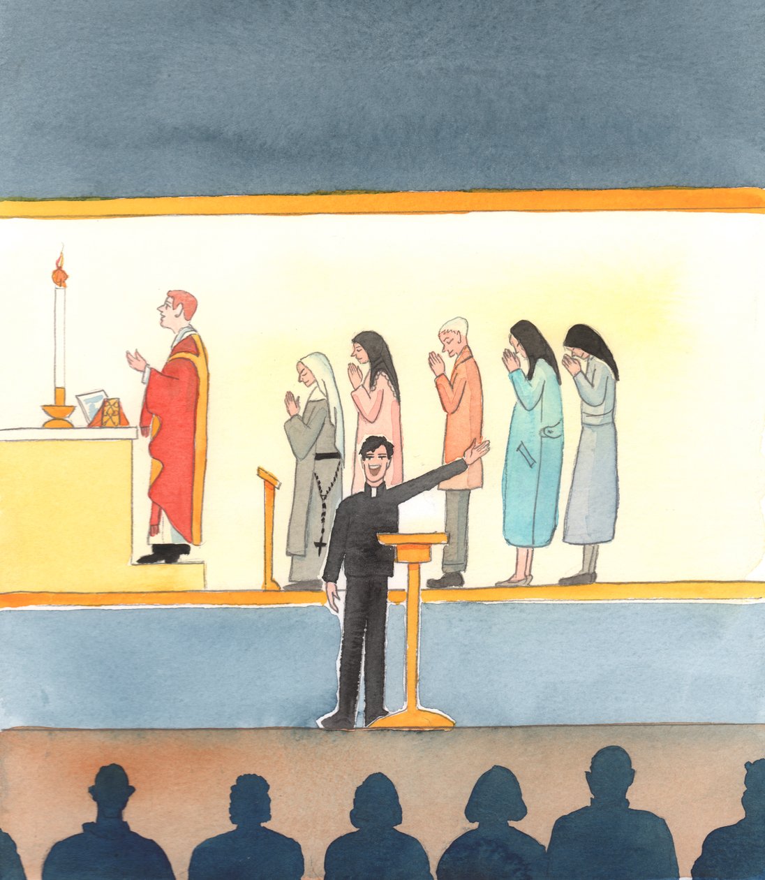 العديد من الكاثوليك اليوم، الذين لا يؤمنون بجميع تعاليم الكنيسة، يرسمون صورة كاريكاتورية للعصر الذي سبق المجمع الأخير، 2005 (لوحة مائية على ورق) بواسطة إليزابيث وانج