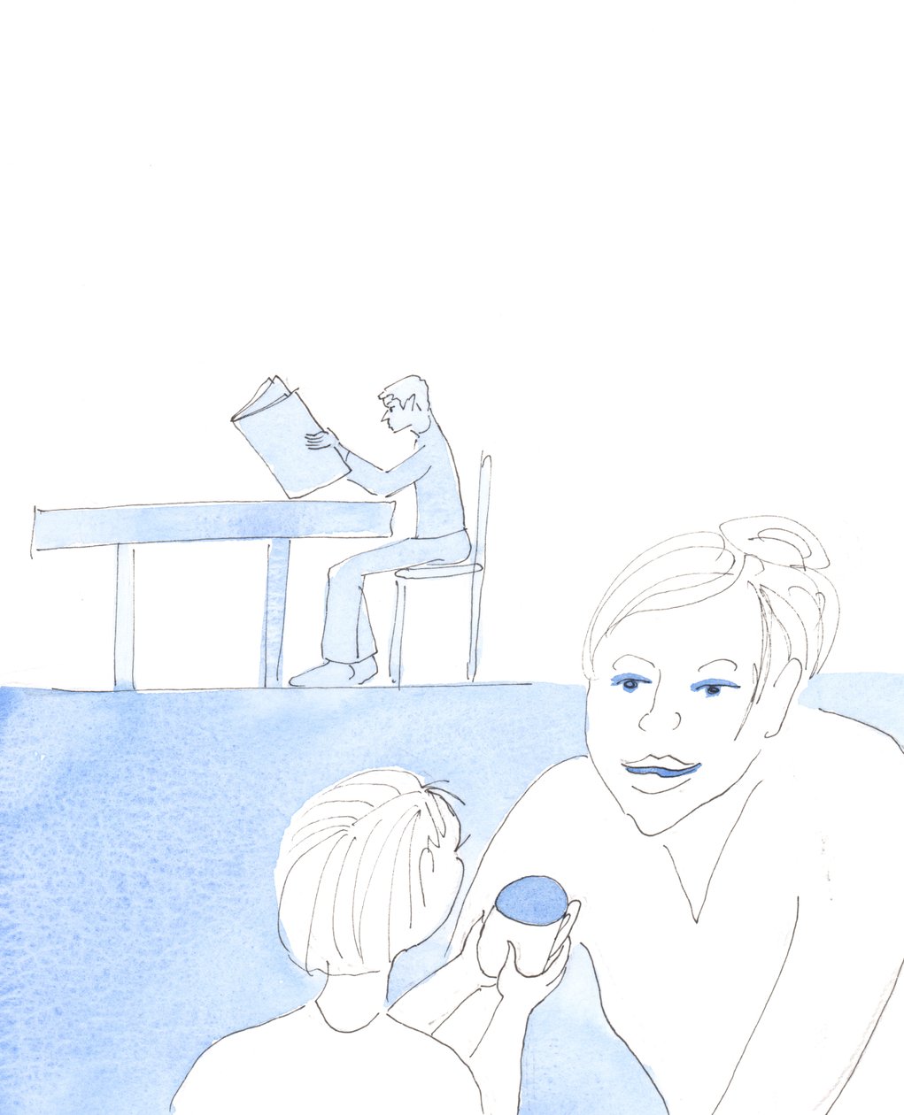 عندما نقدّم قرابيننا للسيدة العذراء المباركة، لكي تُتقنها قبل أن نقترب من الرب، فنحن نشبه الطفلة التي تتفقد هدية مع أمها، قبل أن تقترب من والدها الحبيب بهدية عيد ميلادها، 2005 (لوحة مائية على ورق) بواسطة إليزابيث وانج