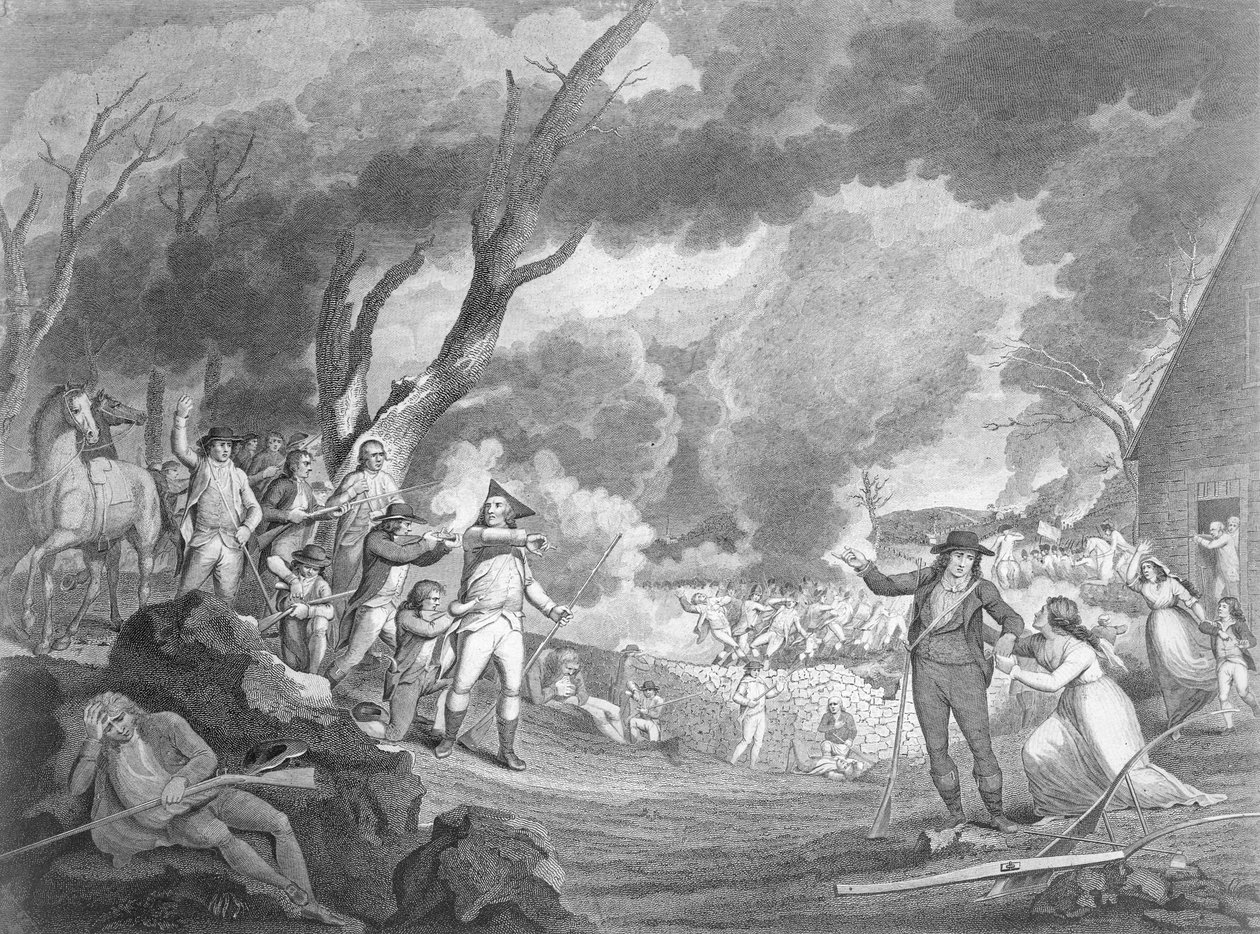 معركة ليكسينغتون ، 19 أبريل 1775 ، منقوشة بكورنيليوس تييبوت (c.1773-1832) بواسطة Elkanah Tisdale