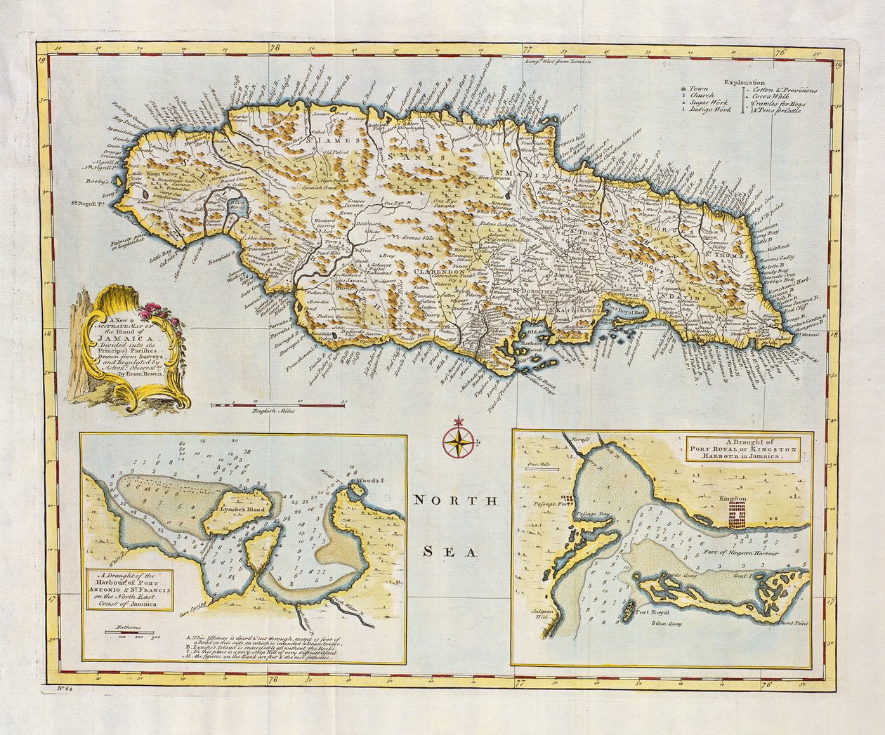 خريطة جزيرة جامايكا ، مقسمة إلى أبرشياتها الرئيسية حوالي عام 1760 (نقش ملون يدويًا) بواسطة إيمانويل بوين