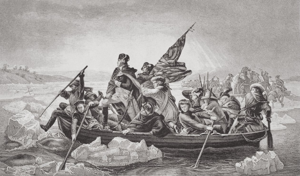 واشنطن تعبر ديلاوير بالقرب من ترينتون ، نيو جيرسي ، عيد الميلاد 1776 ، من `` الرسوم التوضيحية الإنجليزية والتاريخ الاسكتلندي &39;&39; المجلد الثاني بواسطة إيمانويل جوتليب لوتز