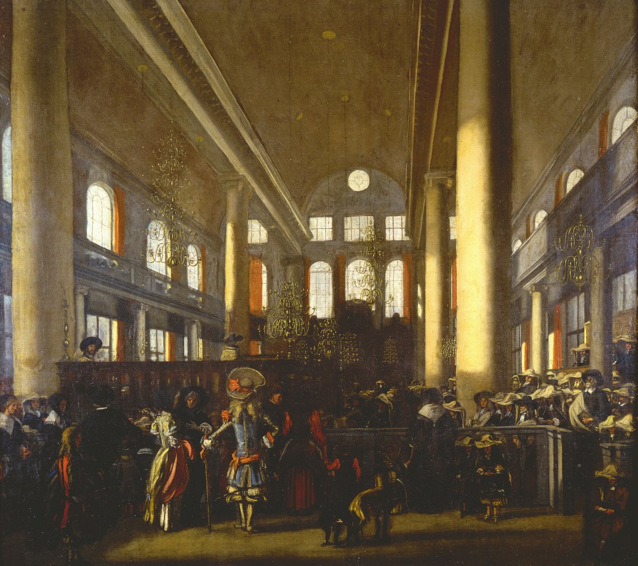 Interieur de la synagogue portugaise a Amsterdam - الجزء الداخلي للكنيس البرتغالي في أمستردام ، بقلم ويت ، إيمانويل ، دي (1616 / 17-1692). زيت على قماش ، ج. 1680. متحف إسرائيل ، القدس بواسطة إيمانويل دي ويت