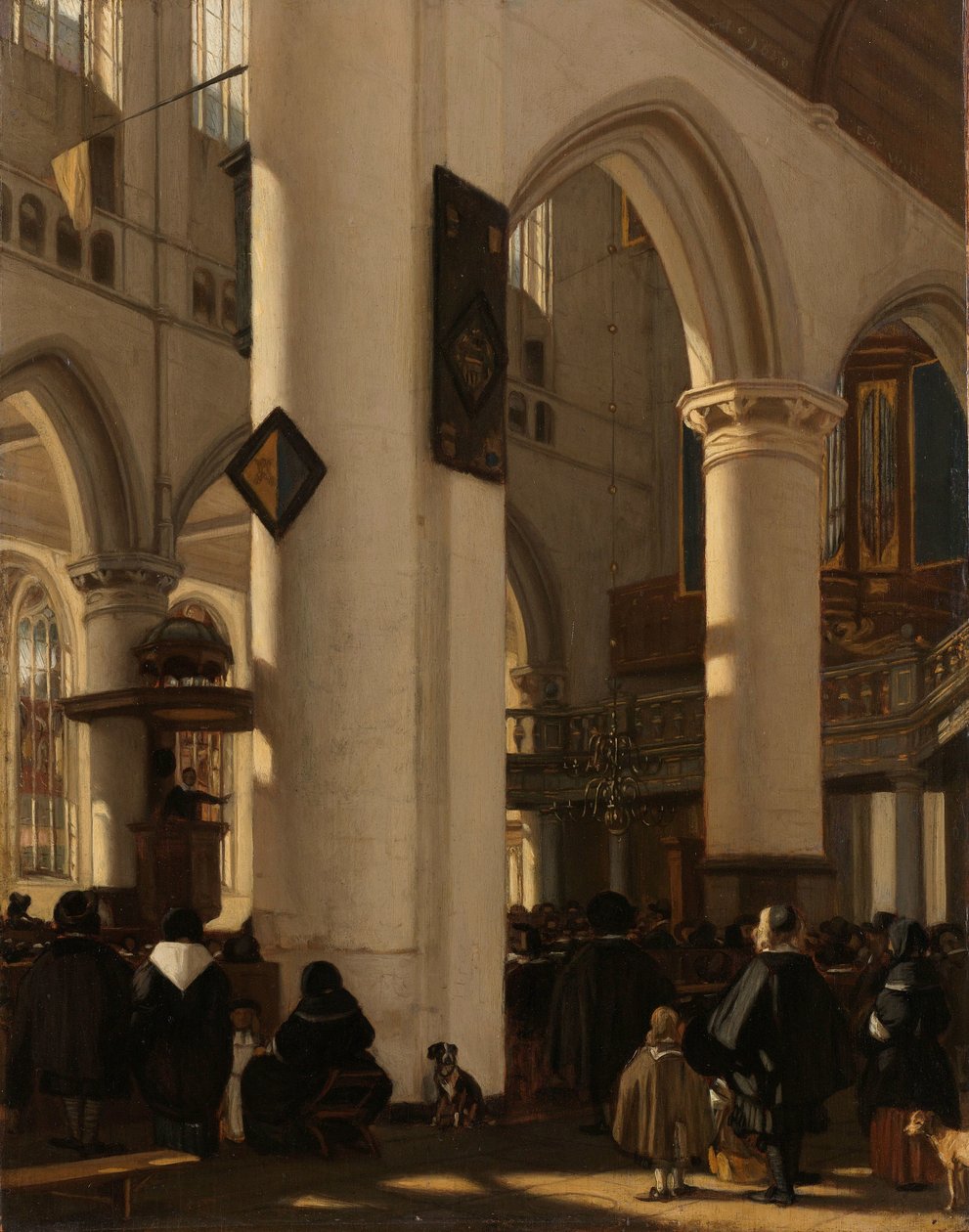 داخل الكنيسة القوطية البروتستانتية أثناء الخدمة داخل كنيسة بروتستانتية قوطية بزخارف من Oude Kerk في أمستردام بواسطة إيمانويل دي ويت