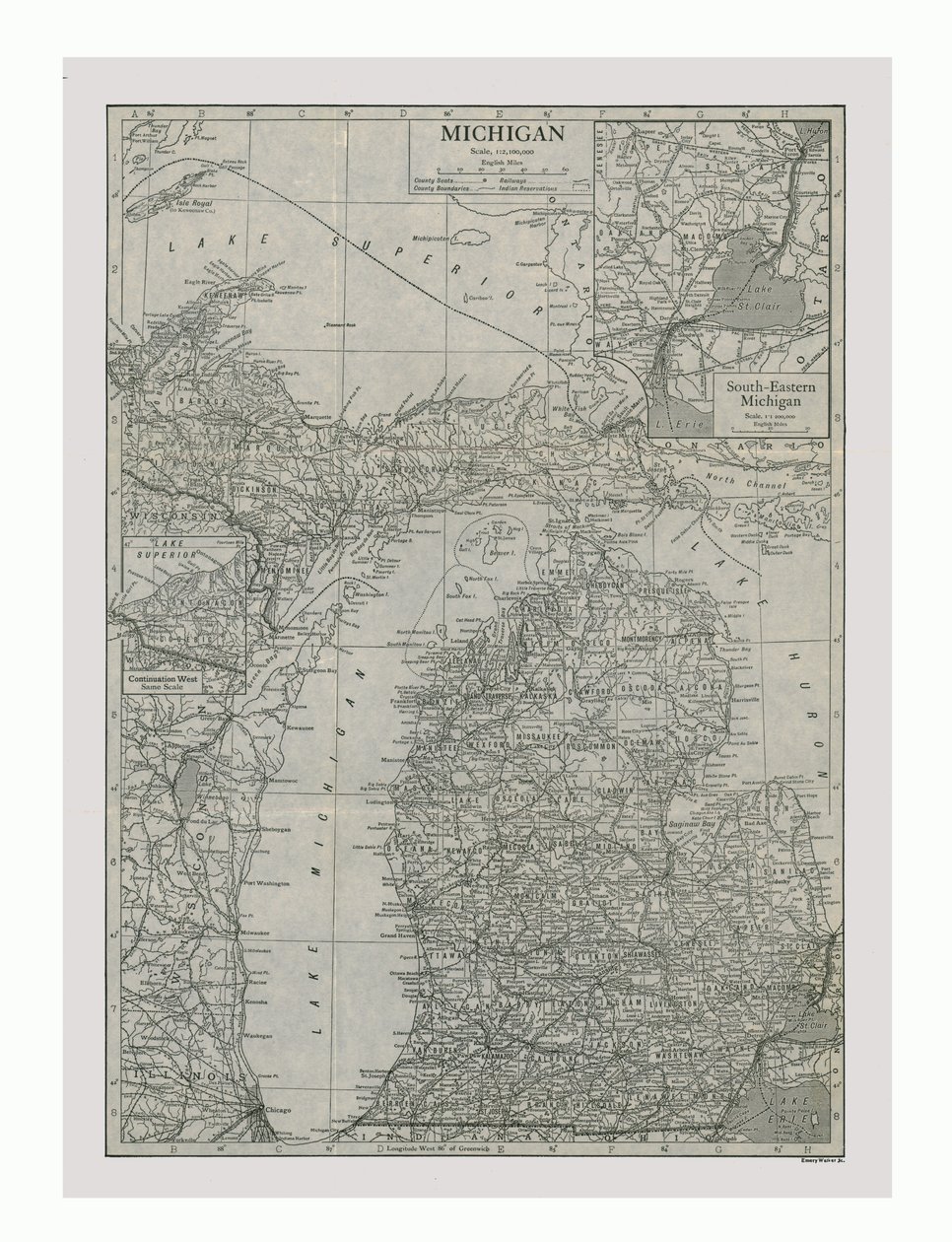 خريطة ميشيغان ، الولايات المتحدة الأمريكية ، c1900. بواسطة ايمري ووكر