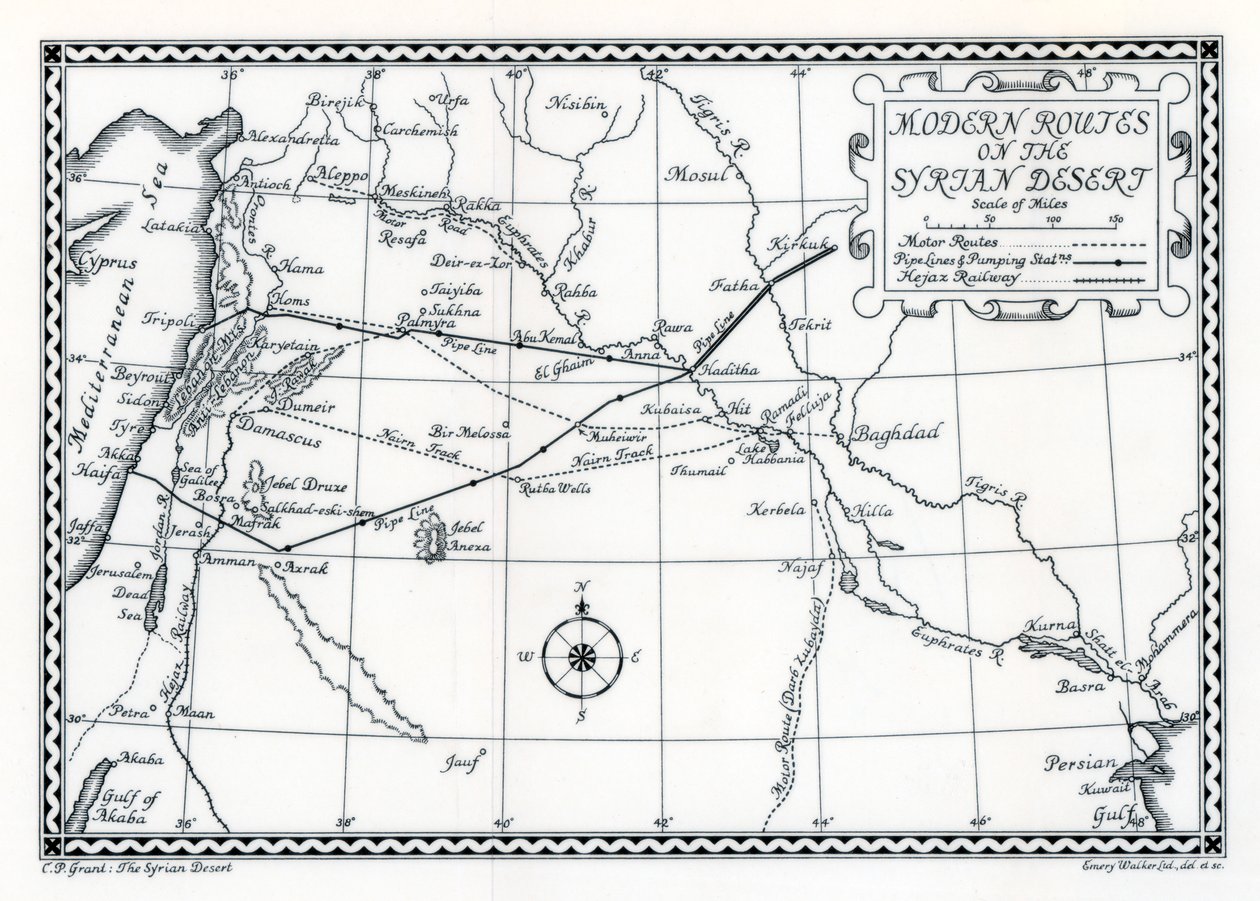 خطوط السكك الحديدية والسيارات والأنابيب ، الصحراء السورية ، 1937 بواسطة ايمري ووكر