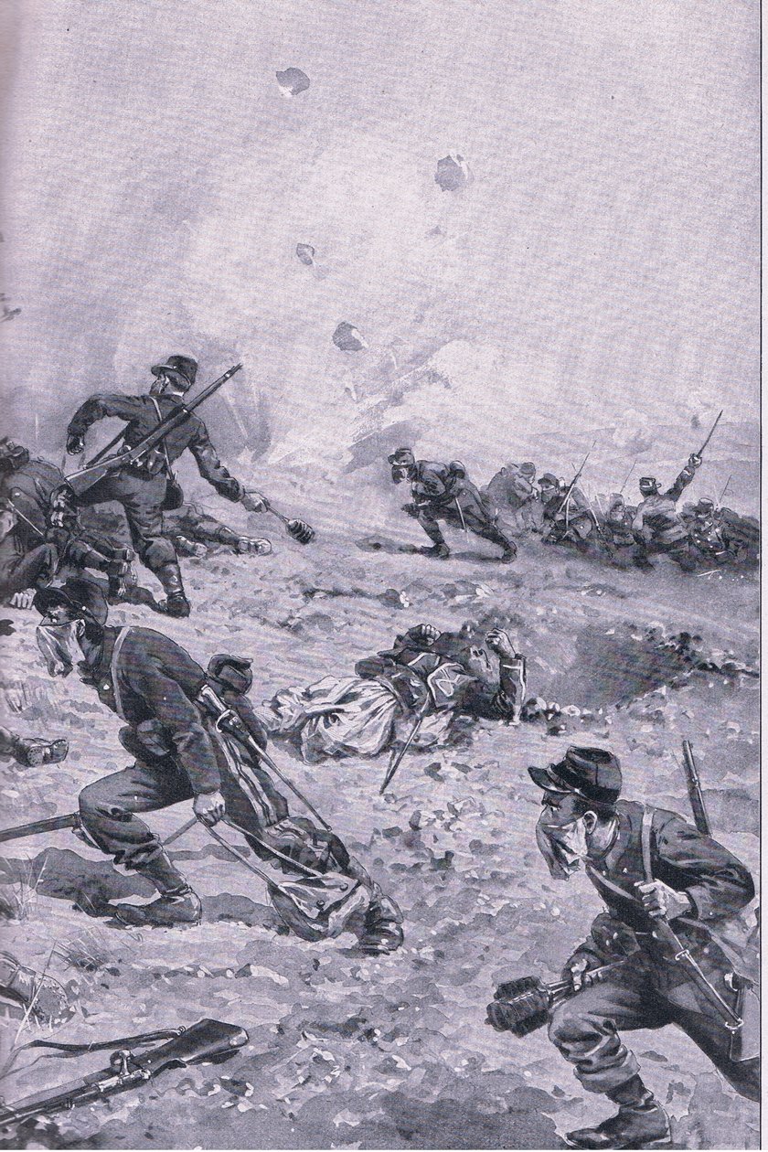 هجوم بقنبلة يدوية فرنسية في Les Spanges ، من حانة The Illustrated History of the World War 1914-1915. بواسطة Union Berlagsefellfchaft بواسطة اميل (بعد) ليمر