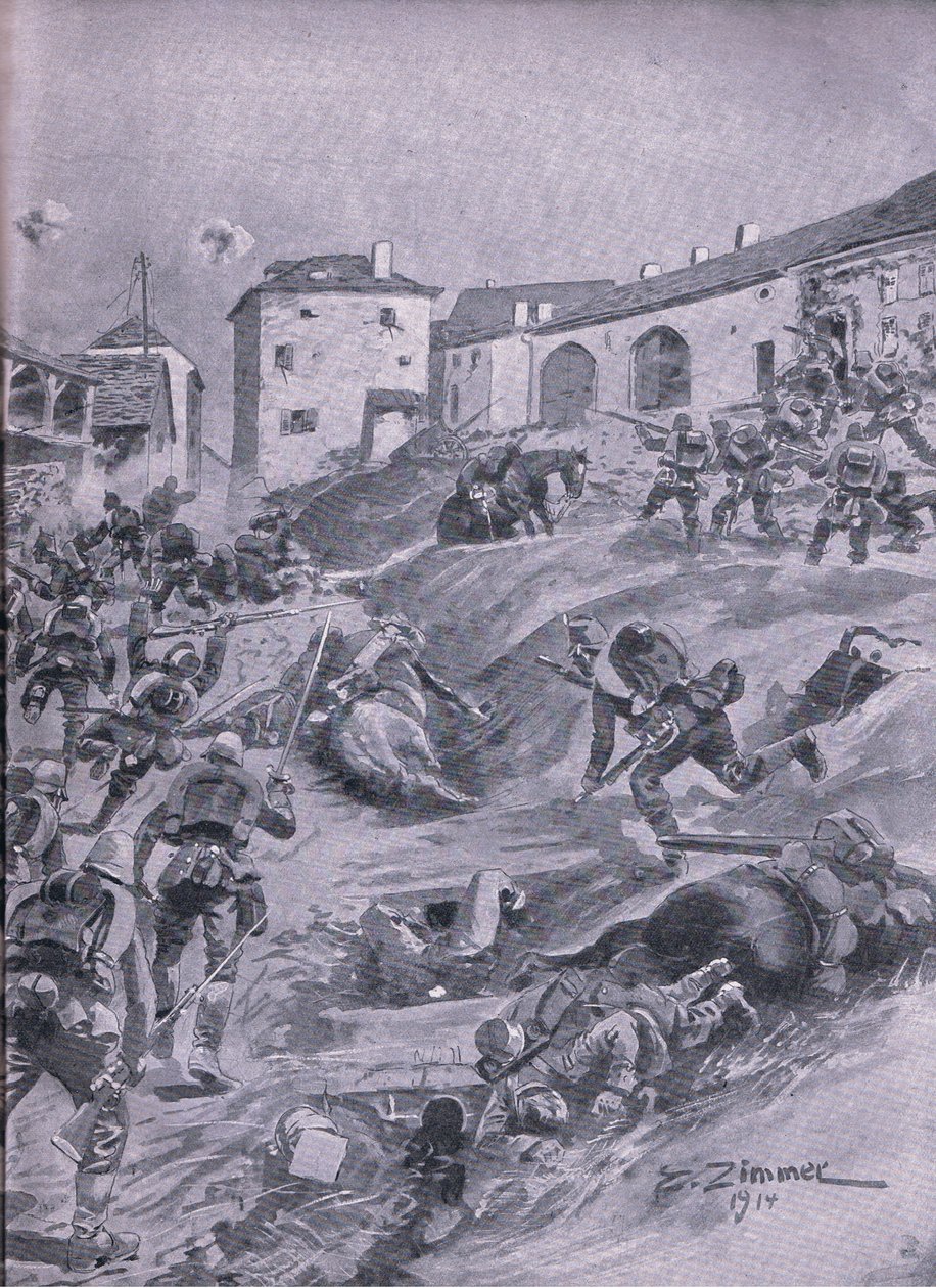 The Aschaffenberg 2nd Bavarian Hunter Battallion at Lagarde August 1914 ، من حانة التاريخ المصور للحرب العالمية 1914-1915. بواسطة Union Berlagsefellfchaft بواسطة اميل (بعد) ليمر