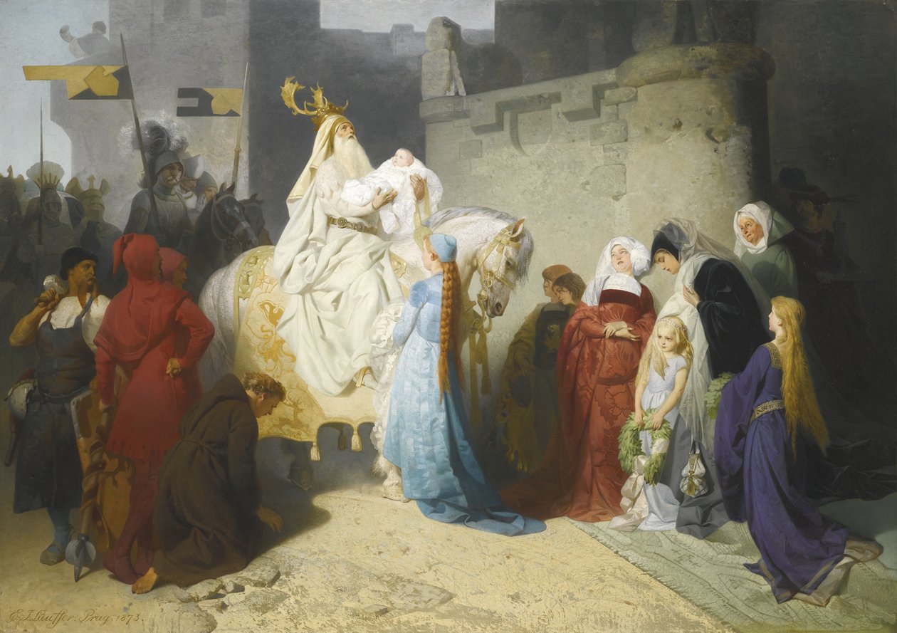 ميرلين يقدم الملك آرثر ، 1873 بواسطة اميل جوهان لوفر