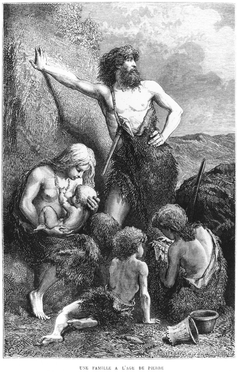 عائلة خلال العصر الحجري ، رسم توضيحي من "L&39;Homme Primitif" بواسطة Louis Figuier (1819-94) نشره Hachette ، محفور بواسطة Charles Laplante (ت 1903) 1870 بواسطة إميل أنطوان بايارد