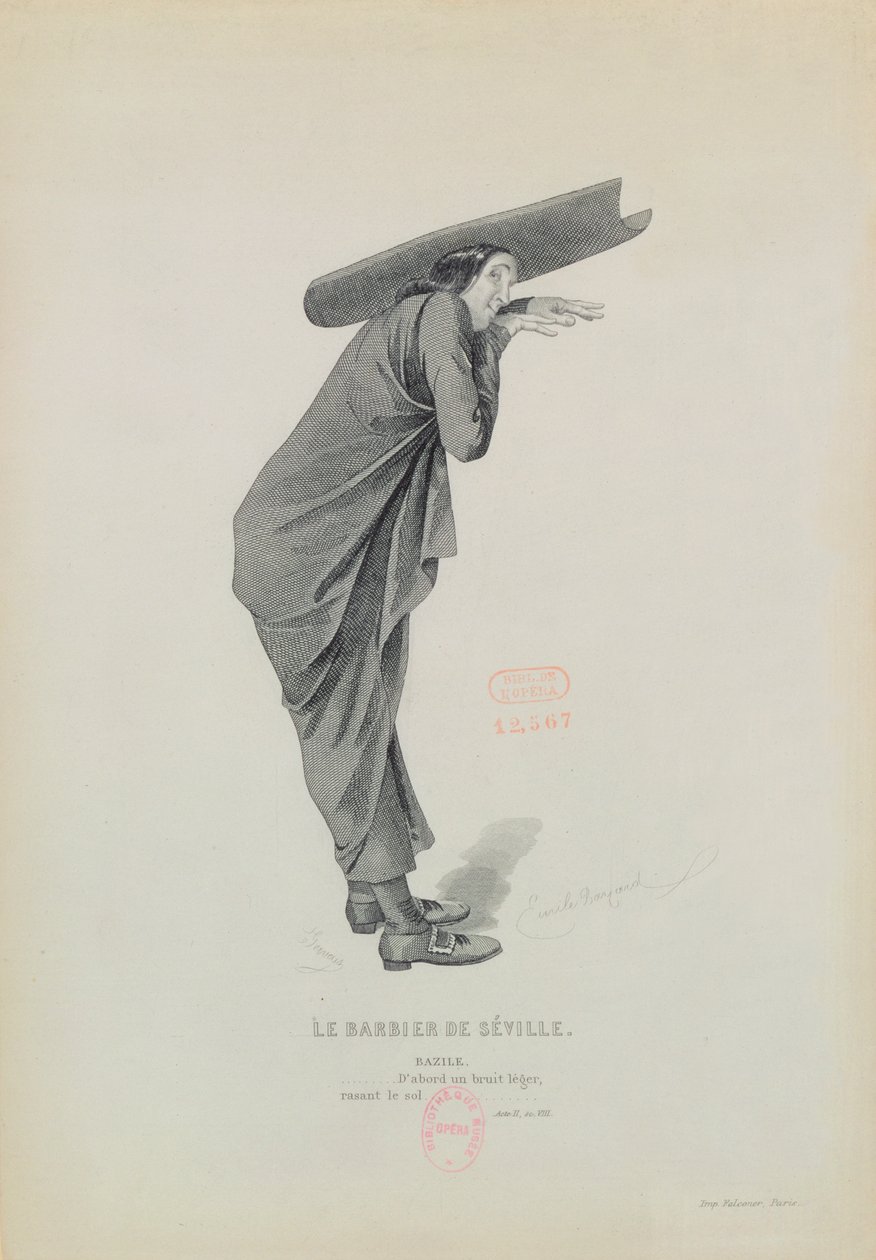 Bazile ، من أوبرا `` Le Barbier de Seville &39;&39; من تأليف Gioachino Rossini (1792-1868) منقوش بواسطة Eugene Gervais بواسطة إميل أنطوان بايارد