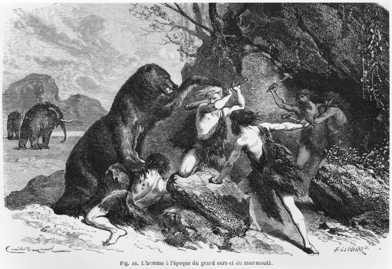 رجل في وقت الدب والماموث ، رسم توضيحي من "L&39;Homme Primitif" بواسطة لويس فيغير (1819-1894) نشره Hachette ، 1870 بواسطة إميل أنطوان بايارد