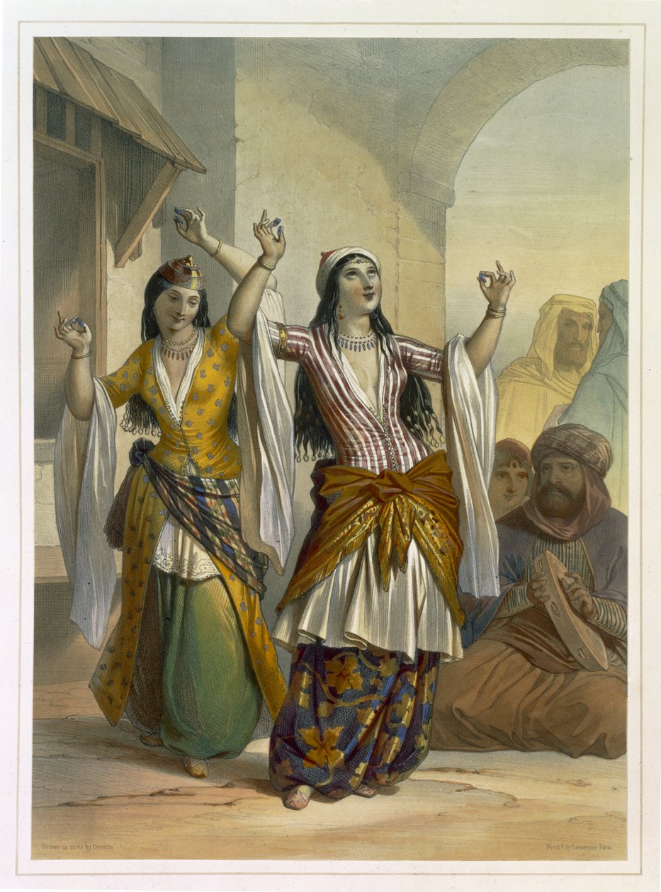 فتيات رقص مصريين يؤدون الغوازي في روزيتا ، صورة من وادي النيل ، نقشته حانة أخيلي ديفيريا (1800-57). بواسطة Lemercier ، 1848 بواسطة إميل بريس دافين