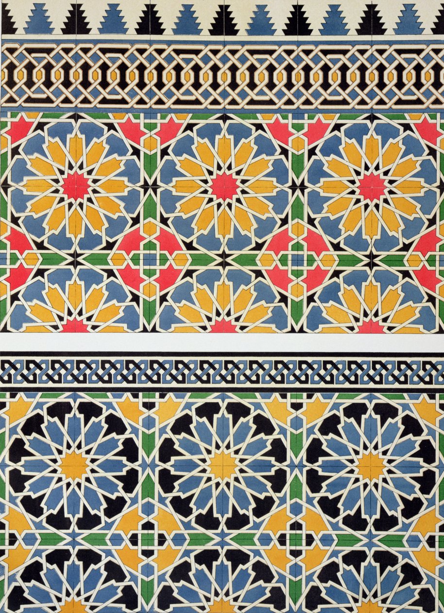 بلاط حوائط من محراب مسجد شيخون ، من "الفن العربي كما يُرى من خلال آثار القاهرة من القرن السابع حتى نهاية القرن الثامن عشر" ، منقوش بواسطة مارشان ، تم نشره عام 1877 بواسطة إميل بريس دافين