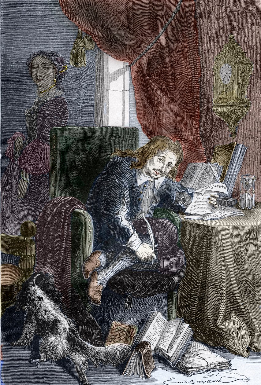 صورة للكاتب الفرنسي بول سكارون (1610-1660) مؤلف أفلام كوميدية هزلية ، يتم تمثيله على كرسي غير صالح ، زوجته فرانسواز ديوبيني (التي أصبحت ماركيز دي مينتينون) (1635-1719) تقف في الظل خلفه نقش - بورتريه بواسطة إميل أنطوان (بعد) بايارد