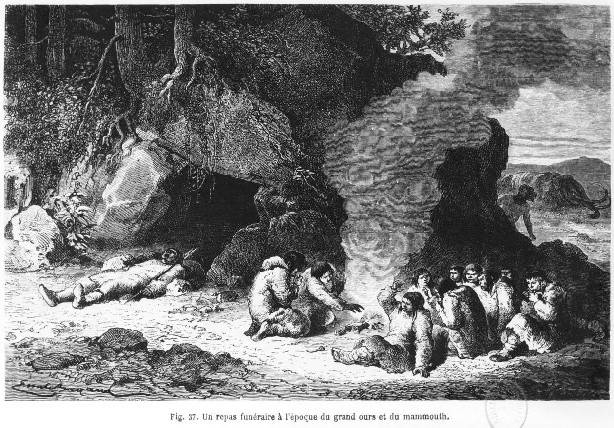 وجبة جنازة في وقت الدب والماموث ، رسم توضيحي من "L&39;Homme Primitif" بواسطة لويس فيغير (1819-1894) نشر Hachette ، 1870 بواسطة إميل أنطوان بايارد