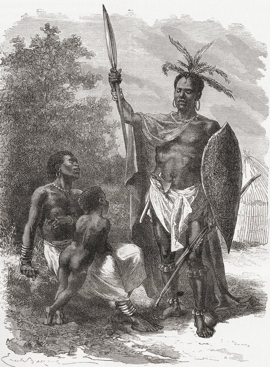 مواطن من Ougogo ، وسط أفريقيا ، في لباس حرب ، صورة توضيحية من "العالم في اليدين" ، نُشر عام 1878 بواسطة إميل أنطوان بايارد