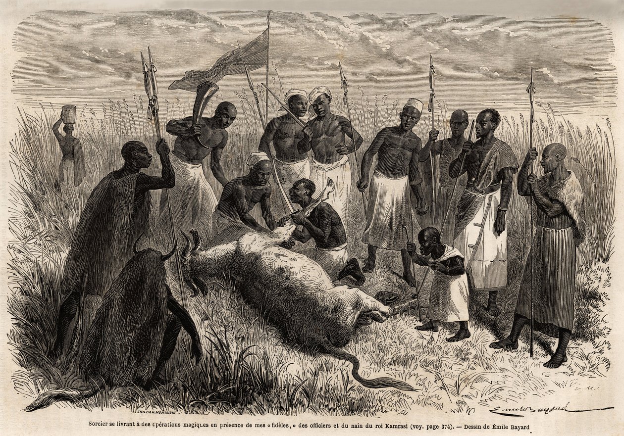 ساحر يشارك في عمليات سحرية على لحم بقري مذبوح في أوغندا ، رسمه إميل بايارد (1837-1891) ، يوضح رحلة الكابتن سبيك الاستكشافية في إفريقيا من 1860 إلى 1863. نقش في "" Le tour du monde "، تحرير إدوارد شارتون بواسطة إميل أنطوان بايارد