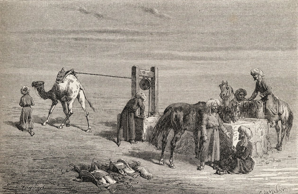 بئر في الصحراء بين سمرقند وكارشي ، أوزبكستان ، رسم توضيحي من "العالم في الأيادي" ، نقشه تشارلز لابلانت (ت 1903) ، نُشر عام 1878 بواسطة إميل أنطوان بايارد