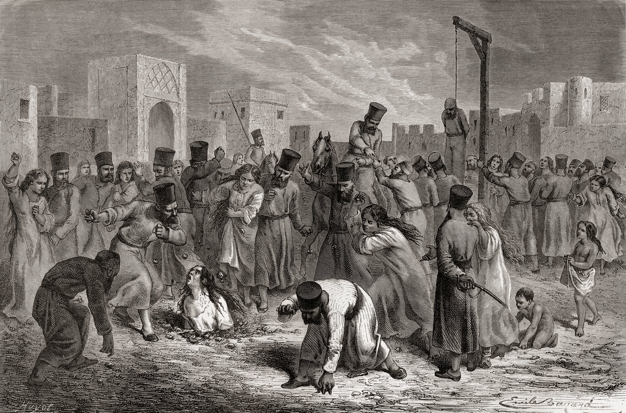 الزناة الذين رجموا وعلقوا في تركيا ، رسم توضيحي من "العالم في اليدين" ، نقش بواسطة Huyot ، نشر عام 1878 بواسطة إميل أنطوان بايارد