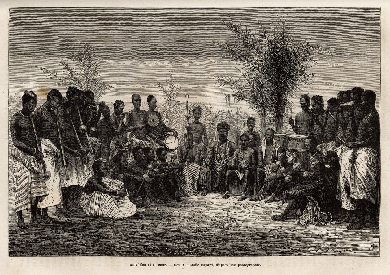 يحيط Amadifou ، ملك Assinie (Comptoir francais de Côte d'Ivoire) بلاطه وموسيقيه ، حوالي عام 1868 ، نقشًا بعد الرسم الذي رسمه إميل بايارد ، يوضح الرحلة إلى كوت ديفوار ، في عام 1868 ، بواسطة نائب الأدميرال فلوريو دي Langles ، سنة النشر بواسطة إميل أنطوان بايارد
