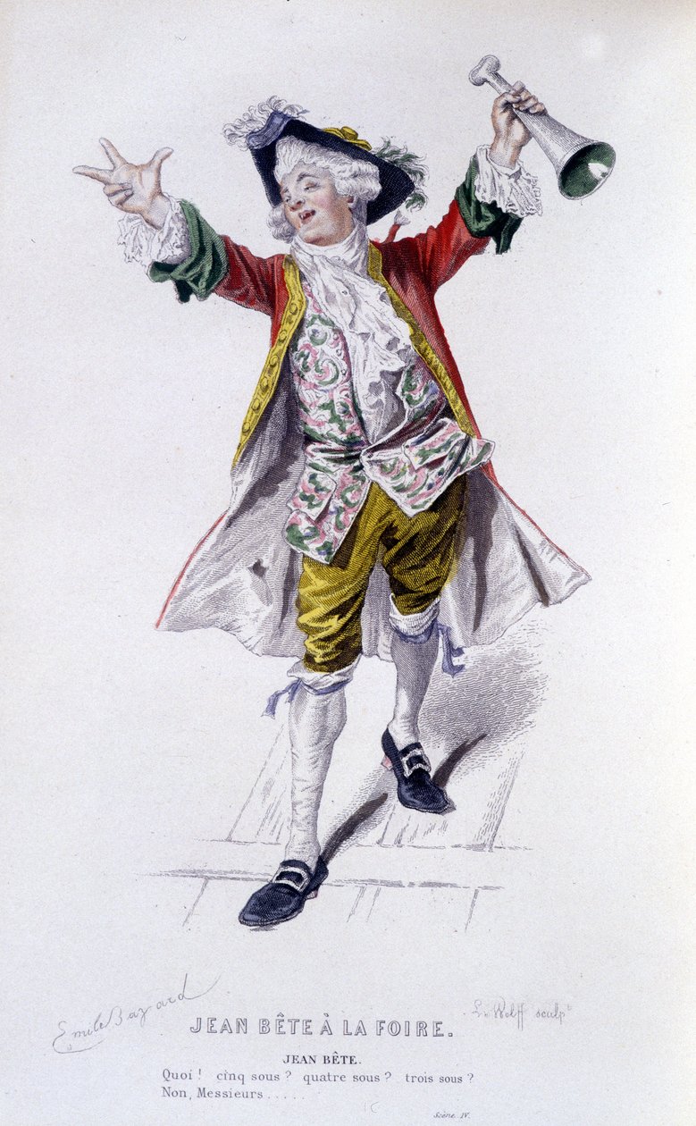 ، العمل الكامل لـ Beaumarchais (1732-1799) بواسطة Edouard Fournier. رسم اميل بايارد. إد. لابلاس ، سانشيز إت سي ، باريس 1876. هذا جان بيست في "" جان بيست آت ذا فير "" بواسطة إميل أنطوان بايارد