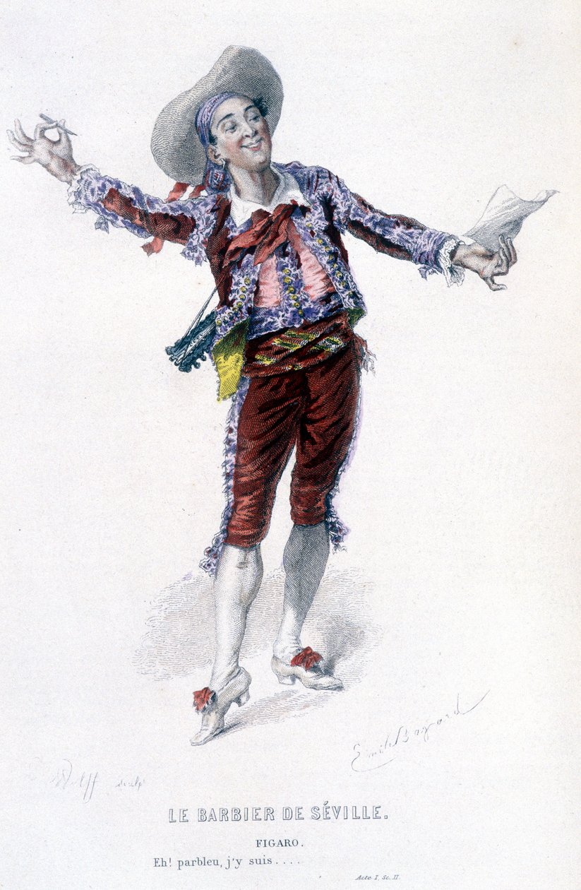 عمل كامل من قبل Beaumarchais (1732-1799) بواسطة Edouard Fournier. رسم اميل بايارد. إد. لابلاس ، سانشيز إت سي ، باريس 1876. هذا هو فيجارو في "حلاق إشبيلية" بواسطة إميل أنطوان بايارد
