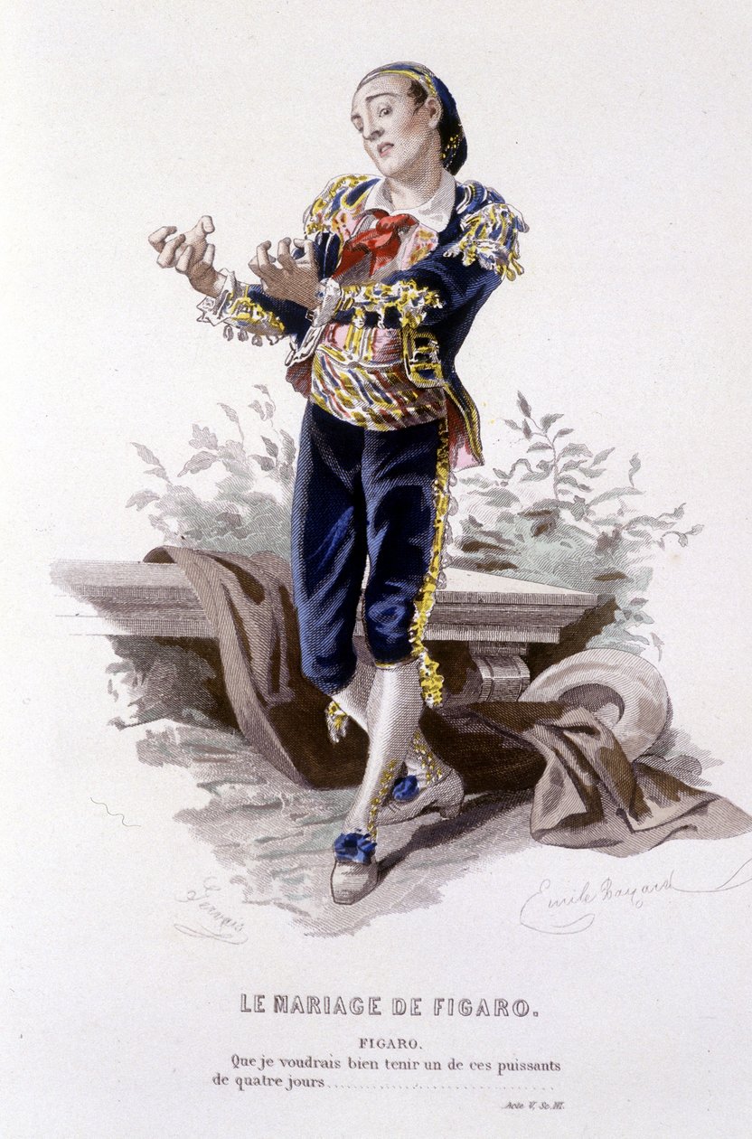 عمل كامل من قبل Beaumarchais (1732-1799) بواسطة Edouard Fournier. رسم اميل بايارد. إد. لابلاس ، سانشيز إت سي ، باريس 1876. هذا هو فيجارو في "عرس فيجارو" بواسطة إميل أنطوان بايارد