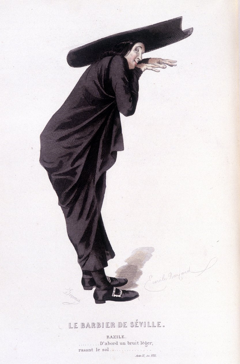 عمل كامل من قبل Beaumarchais (1732-1799) بواسطة Edouard Fournier. رسم اميل بايارد. إد. لابلاس ، سانشيز إت سي ، باريس 1876. هذا هو بازيل في "حلاق إشبيلية" بواسطة إميل أنطوان بايارد