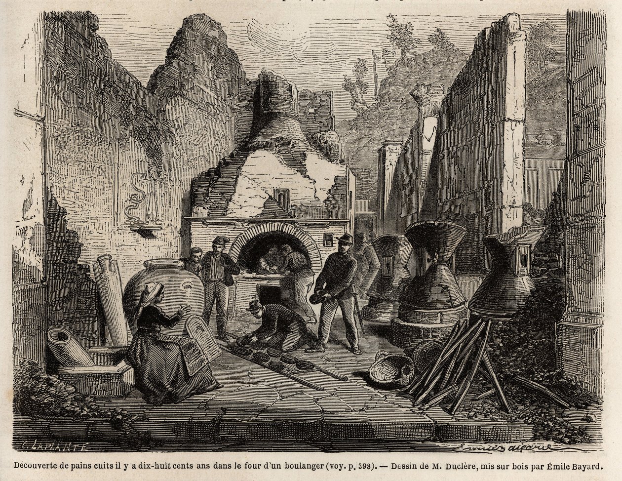 اكتشفه فرن مخبز وخبز محفوظ في الرماد أثناء أعمال التنقيب عام 1864 في بومبي ، رسمه إميل بايارد (1837-1891) ، لتوضيح نص مارك مونييه (1829-1885) "" بومبي وبومبيان "". نقش في "" Le tour du monde "" ، تم تحريره بواسطة بواسطة إميل أنطوان بايارد
