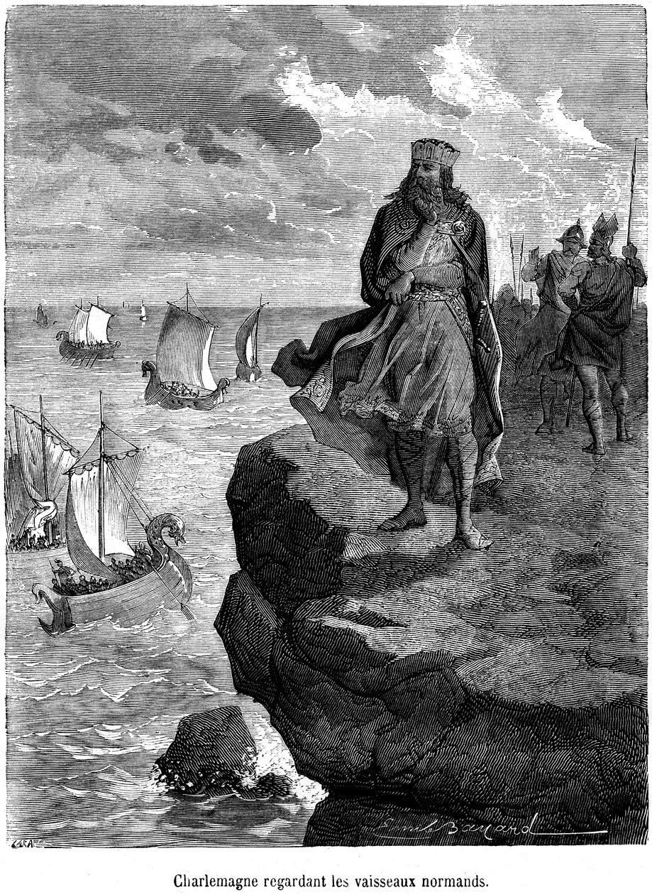 الإمبراطور شارلمان يشاهد وصول السفن النورماندية على الساحل الفرنسي - سفن الفايكنج والمحاربين - دراكار والملاحة الاسكندنافية والغزو الاسكندنافي - نقش لإميل بايارد يوضح "تاريخ فرنسا الشعبية بقلم هنري مارتن بواسطة إميل أنطوان بايارد