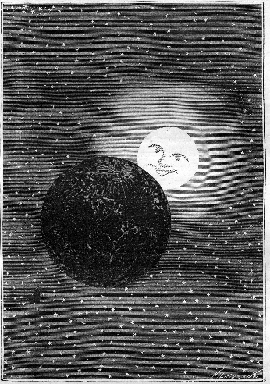 نقش (بواسطة إميل بايارد) لكتاب جول فيرن "" حول القمر "(طبعة هيتزل / Voyages extraordinaire 1870): مرور الأرض بالقمر بواسطة إميل أنطوان بايارد