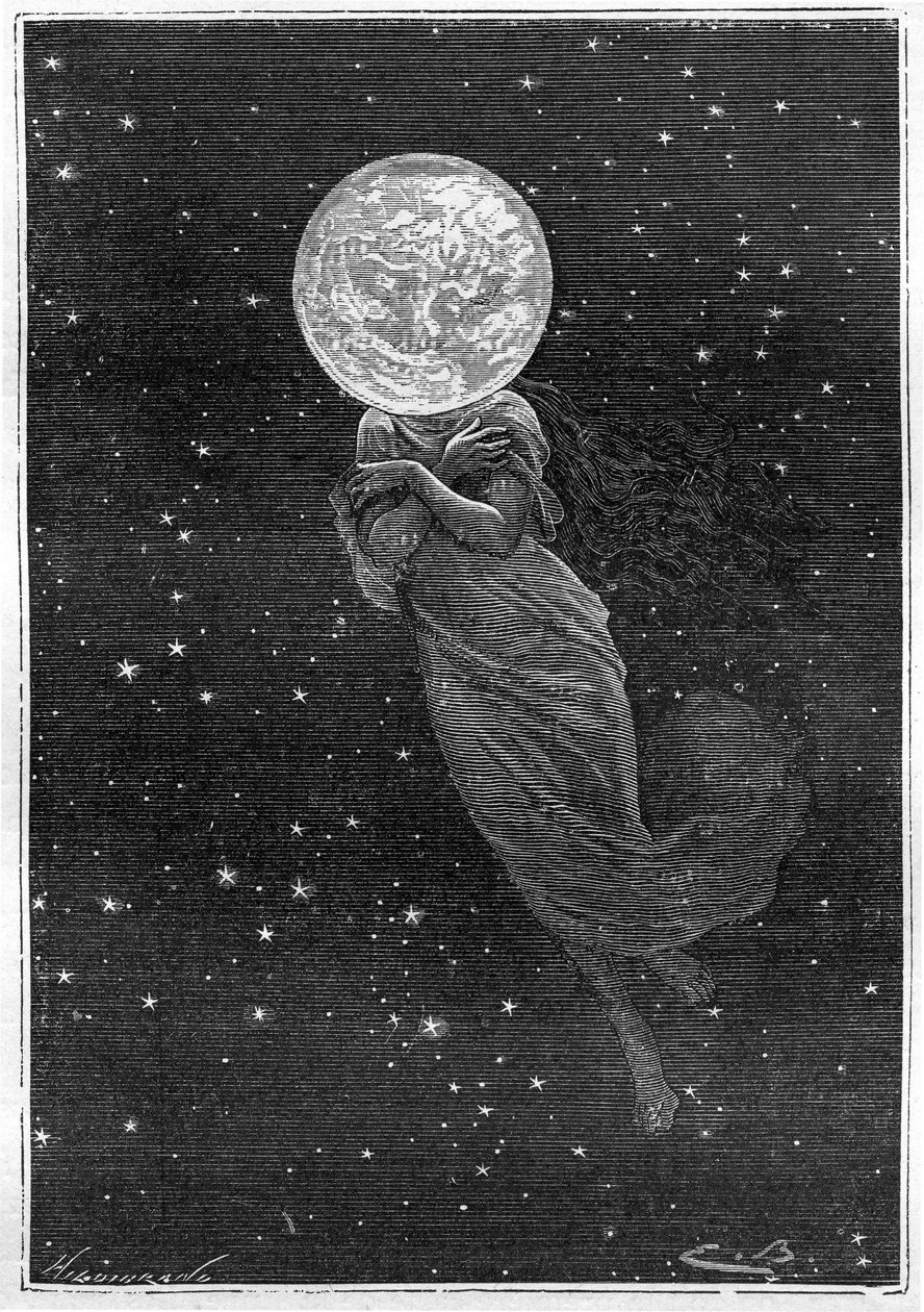 نقش (بواسطة إميل بايارد) لكتاب Jules Verne "" Around the Moon "(طبعة Hetzel / Voyages extraordinaire 1870): وصف القمر المرسوم بجسم امرأة شابة (نص بواسطة J. Verne):" "... محشو السطح ، متصدع ، مقشدة حقيقية ، يليق بك بواسطة إميل أنطوان بايارد