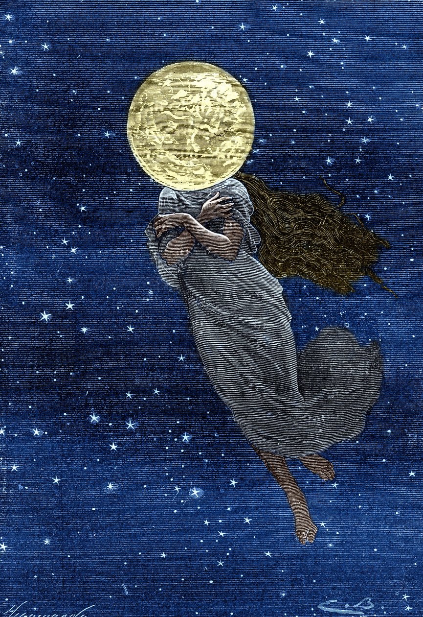نقش (بواسطة إميل بايارد) لكتاب Jules Verne "" Around the Moon "(طبعة Hetzel / Voyages extraordinaire 1870): وصف القمر المرسوم بجسد امرأة شابة (نص بواسطة J. Verne):" "... محشو السطح ، متصدع ، مقشدة حقيقية ، يليق بك بواسطة إميل أنطوان بايارد