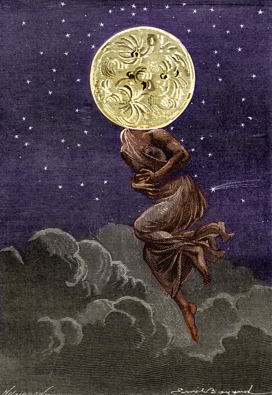 نقش (بواسطة إميل بايارد) لكتاب جول فيرن "حول القمر" (طبعة هيتزل / رحلات فوق العادة 1870): القمر يتجسد بجسد امرأة شابة ... تعاني من مغص! بواسطة إميل أنطوان بايارد