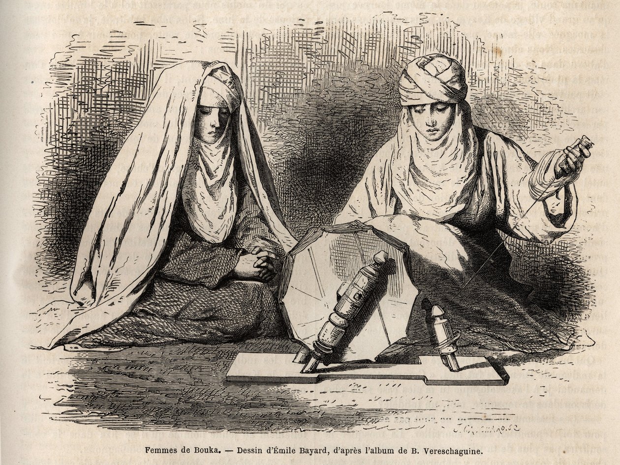 Femmes de Boukhara (أوزبكستان) ، يعملن على عملهن للغزل والنقش بعد رسم إميل بايارد ، لتوضيح رحلة باسيلي فيريشاغوين إلى آسيا الوسطى في 1867-1868 ، نُشر في "" Le tour du monde "" 1873 ، من تحرير إدوارد شارتون ، هاتش بواسطة إميل أنطوان بايارد
