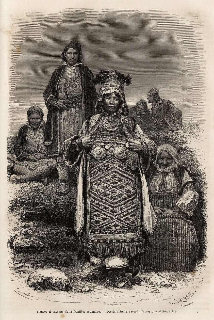 خطيب وفلاحون من الحدود الرومانية ، نقش بعد الرسم الذي رسمه إميل بايارد ، يوضح الرحلة إلى بلغاريا ، بقلم غيوم ليجان ، في عام 1867 ، نُشر في "" Le tour du monde "" 1873 ، حرره إدوارد شارتون ، طبعة Hachette ، باريس . حد ذاتها بواسطة إميل أنطوان بايارد