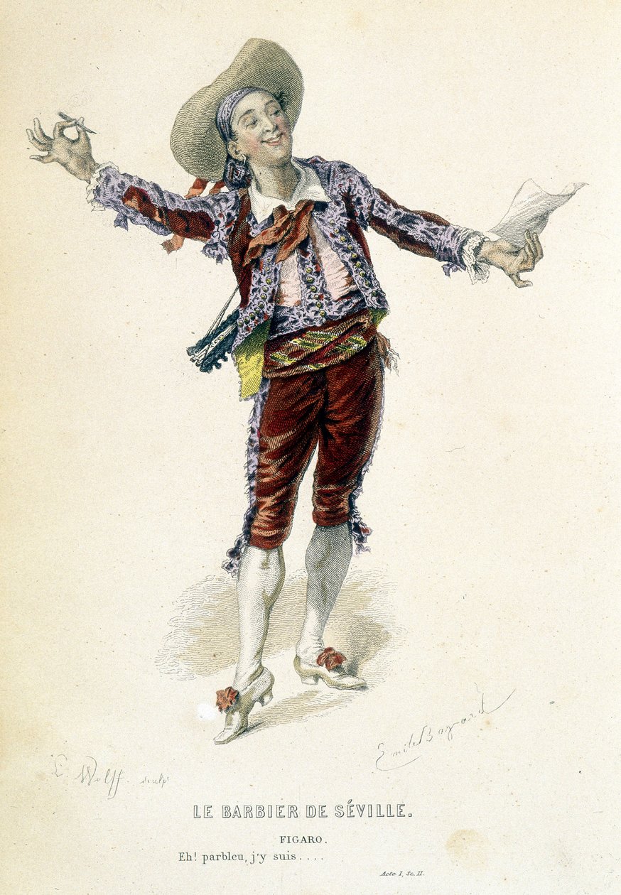 Figaro في "The barber of Seville" في "Oeuvres Completees de Beaumarchais" ، محرر. لابلاس سانشيز وسي ، باريس بواسطة إميل أنطوان بايارد
