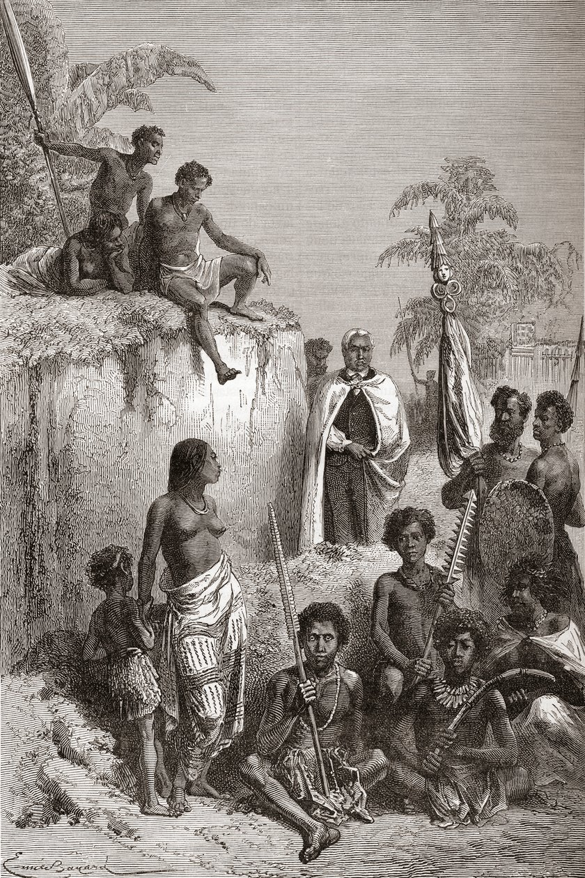 ملك هاواي كاميهاميها الأول ومحاربوه ، رسم توضيحي من "العالم في اليدين" ، نشر عام 1878 (النقش) بواسطة إميل أنطوان بايارد