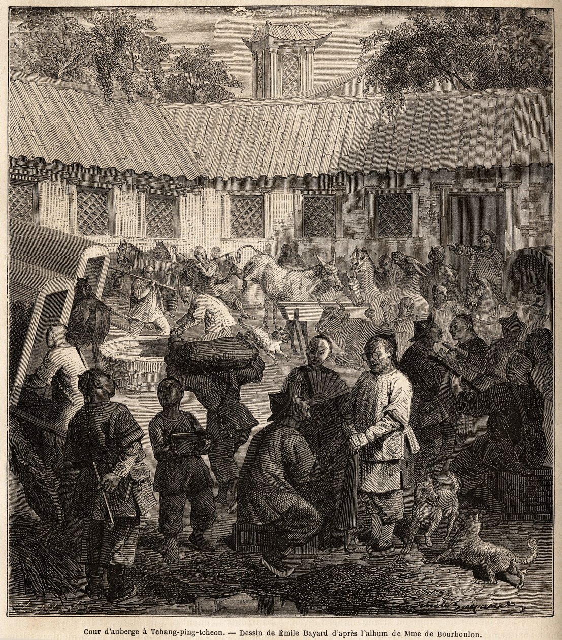 فناء بيت الشباب في شيانغ بينغ تشيو. رسم بواسطة إميل بايارد (1837-1891) ، لتوضيح رحلة شنغهاي إلى موسكو ، من 1859 إلى 1862 ، بواسطة إم دي بوربولون ، وزير فرنسا إلى الصين. نقش في "" Le Tour du monde "، تحرير إدوارد شارتون بواسطة إميل أنطوان بايارد