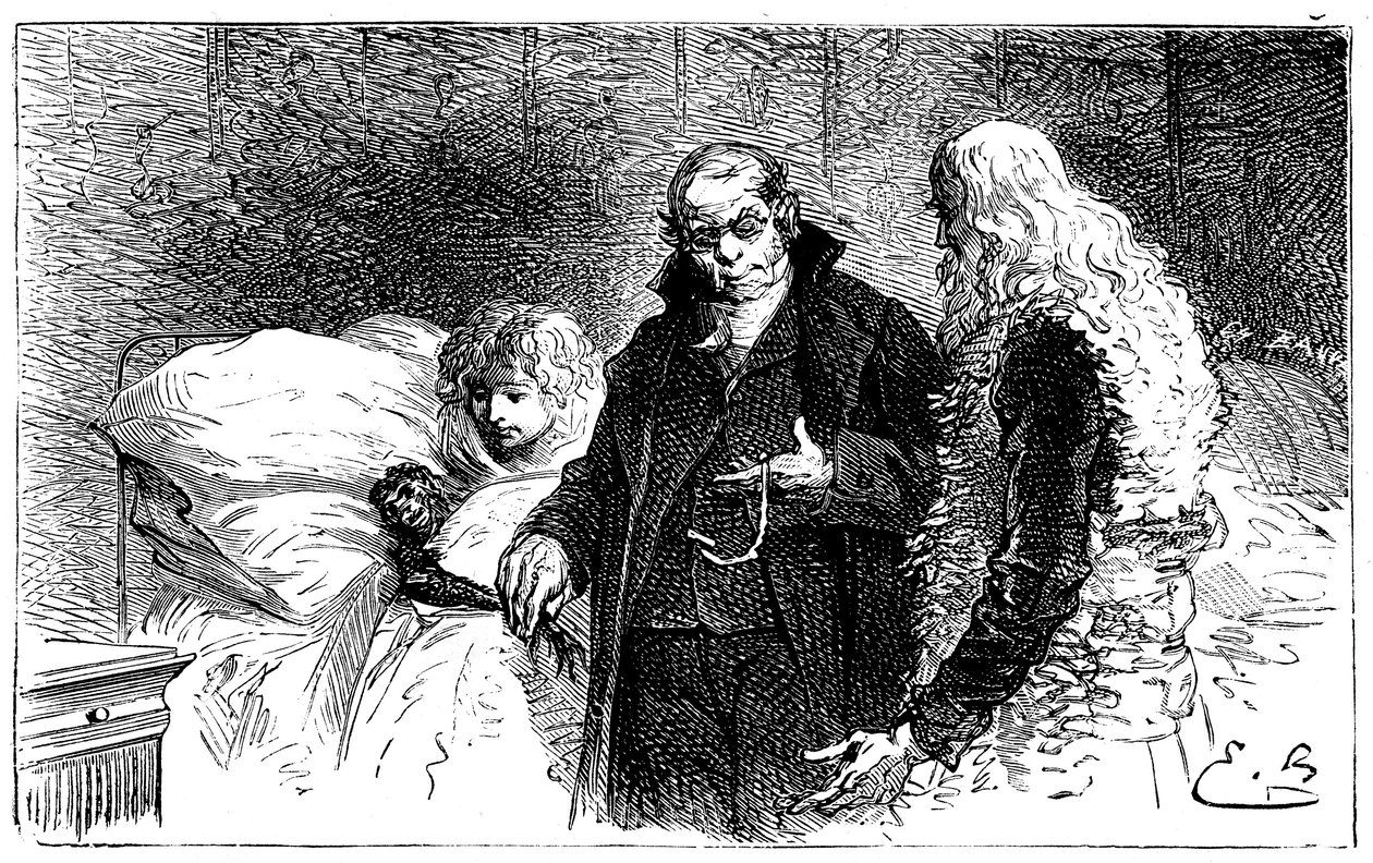رسم توضيحي من إميل بايارد لرواية هيكتور مالوت "" Sans Famille ": جولي-كور (قلب جميل) ، القرد العالِم المريض يفحصه طبيب (تسمعه طبيب يأخذ الدجاجة منه) بحضور ريمي و السيد فيتاليس - هيتز بواسطة إميل أنطوان بايارد