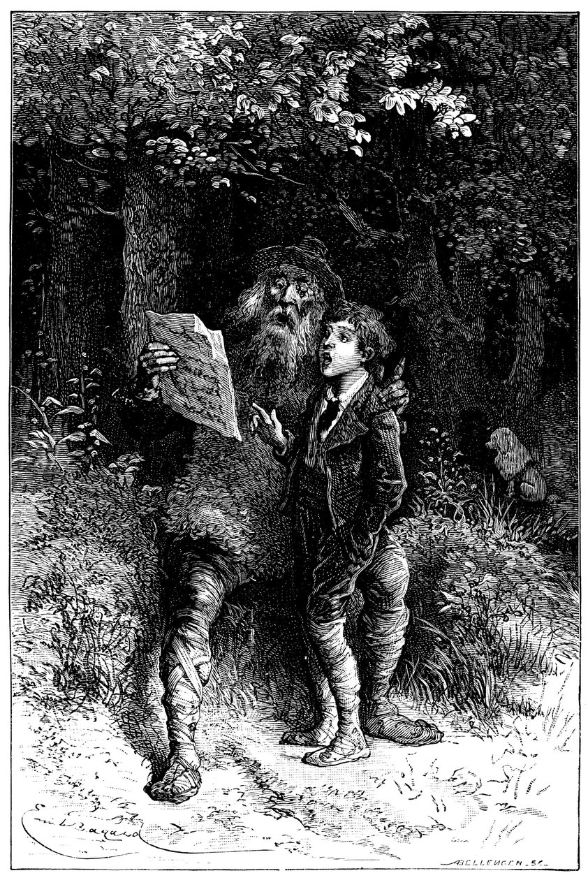 رسم توضيحي من إميل بايارد لرواية هيكتور مالوت "" Sans Famille "": ريمي يغني مع Monsieur Vitalis ، فنان متجول - موسيقي شوارع ، Saltimbank - إصدار Hetzel 1880 - بواسطة إميل أنطوان بايارد