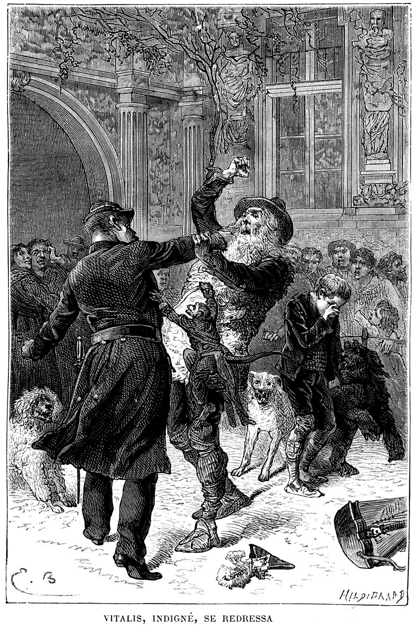 رسم توضيحي لرواية إميل بايارد "" Sans Famille "لهيكتور مالوت": في تولوز ، ألقي القبض على Monsieur Vitalis ، الذي لا يستحق ، من قبل ضابط شرطة أمام ريمي وأصدقائه ، الحيوانات المتعلمة للفرقة: جولي-كور (قلب جميل ) ، القرد و بواسطة إميل أنطوان بايارد