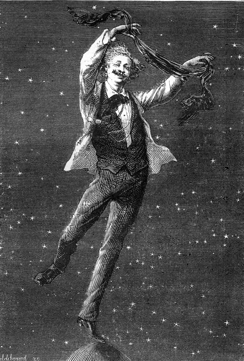 رسم توضيحي لرواية Jules Verne "Around the Moon" ، رسم بواسطة Emile Bayard ، طبعة Hetzel / Voyages extraordinaire 1870. يسلط هذا الرسم التوضيحي الضوء على علاقة الإلهام بين روايتين "lunar" لجول فيرن وألبومين T بواسطة إميل أنطوان بايارد