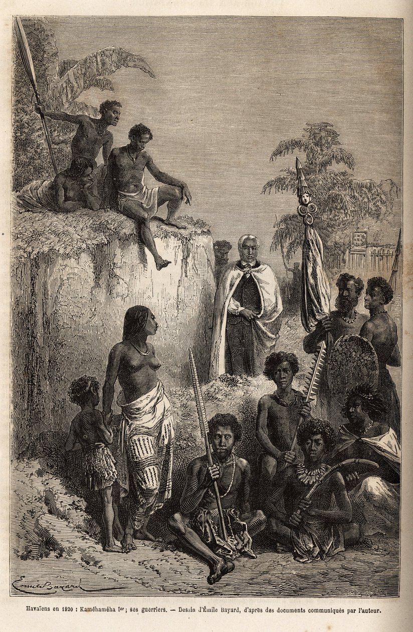 قام كاميهاميها الأول (حوالي 1758-1819) ، ملك جزر هاواي ومؤسس وحدتهم ، بمحاصرة محاربي هاواي وبعض الرعايا في هونولولو ، نقشًا بعد رسم إميل بايارد ، يوضح الرحلة إلى جزر ساندويتش ، في 1855-1869 بواسطة C بواسطة إميل أنطوان بايارد